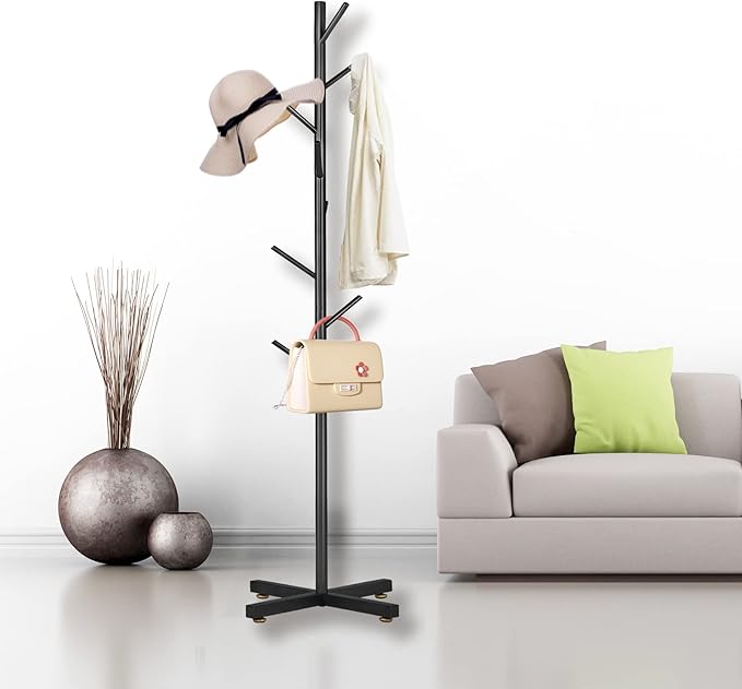 Metal Coat Rack, Modern Coat Rack Freestanding, Sturdy Coat Tree Stand with Cross Base, Black Coat Racks Hall Tree for Clothes Jacket Hat Bag Entryway