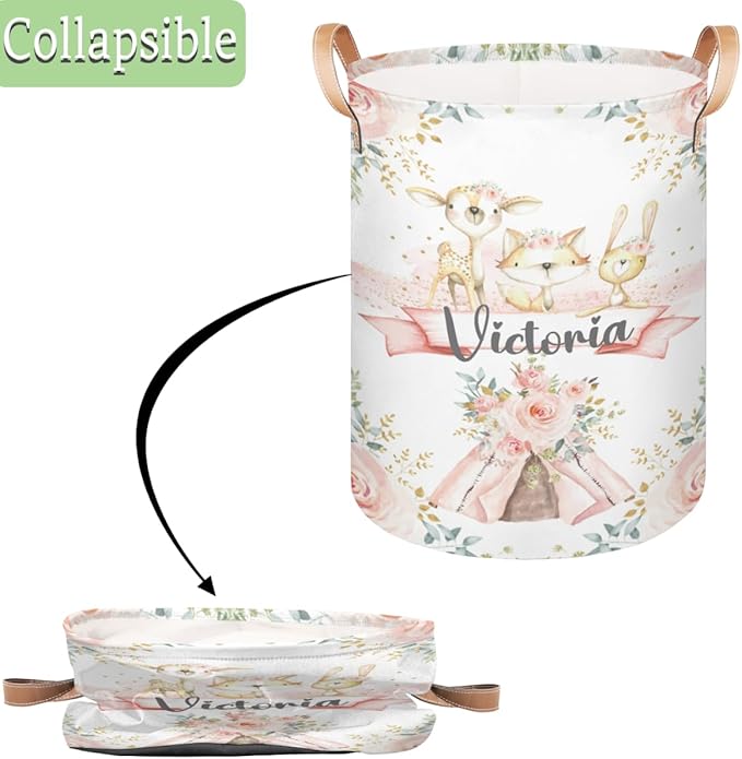 Personalized Laundry Basket, Custom Gift Laundry Hamper, Collapsible Nursery Waterproof Laundry Baskets, Dirty Clothes Toy Hamper with Handles Boho Woodland Animals