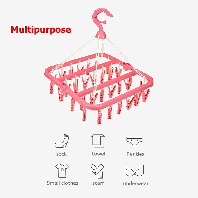 Laundry Hangers with 32 Clips,Clothespin Rack Foldable Laundry Drying Rack Drip Hanger for Drying Socks,Bras,Towel,Underwear,Hat,Scarf,Pants,Baby Clothes,Cloth Diapers,Gloves,Handkerchiefs (Pink)