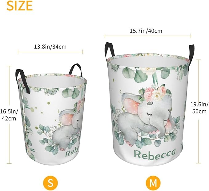 Pink Floral Elephant Personalized Laundry Basket Name Clothes Hamper with Handles Waterproof Laundry Storage Baskets for Bedroom Bathroom Decor.