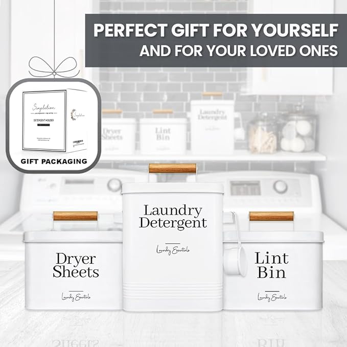 Simplation Laundry Detergent Container, Modern Farmhouse Storage Box for Laundry Room Decor and Accessories (White, 11 x 7 x 6 inches, 144 oz)