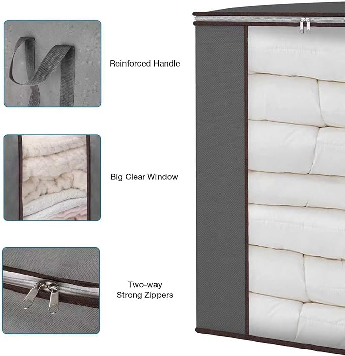 120L Extra Large Clothes Storage Bags, 3 Pack Blanket & Clothing Storage Bins, Foldable Closet Organizers with Clear Window and Reinforced Handles for Clothing, Blankets, Bed Sheets and Pillows