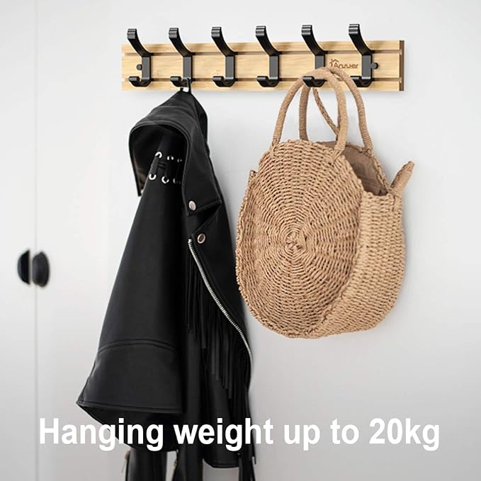 Coat Hanger Clothes Rack 6 Active Hooks Heavy Duty Clothes Hat Holder Bamboo