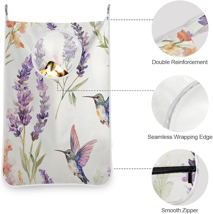 Hanging Laundry Hamper Over the Door with Stainless Steel Hooks Rack Dirty Clothes Wall Mounted Hamper Basket Bag 29.5X20inch Lavender Hummingbird