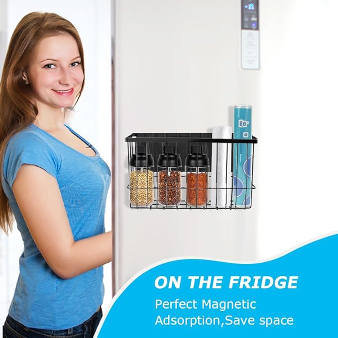 Magnetic Dryer Ball Holder, Kitchen Moveable Magnetic Storage Holder, Magnetic Basket Organizer Shelf Rack for Refrigerator, Kitchen Counter, Laundry Room, Bathroom (Black)