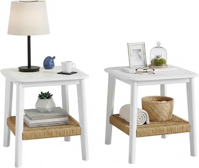 Alaterre Furniture Calais Side Table - 2-Tier Small End Table with Woven Storage Shelf - Wooden Nightstand for Small Spaces, Living Room, or Bedroom - Mid Century Modern Furniture (White, Set of 2)