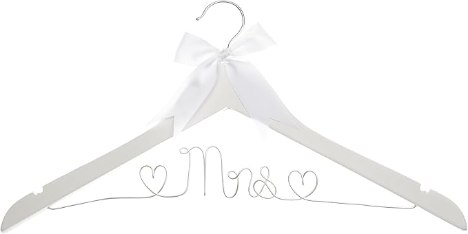 Ella Celebration Mrs Wedding Dress Hanger, Wood and Wire Hangers for Bride (White with Silver Wire)