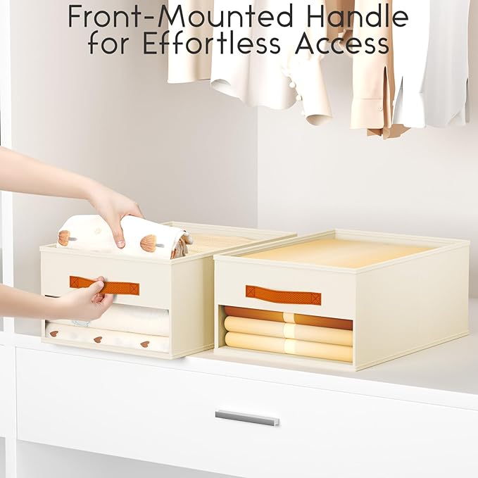 Drawer Organizers and Storage - 6 Pack Foldable Pants Organizer with Clear Window & Handles, Fabric Closet Organizer for Clothes, Jeans, Sweaters, Towels, T-shirt, Scarf (Beige)
