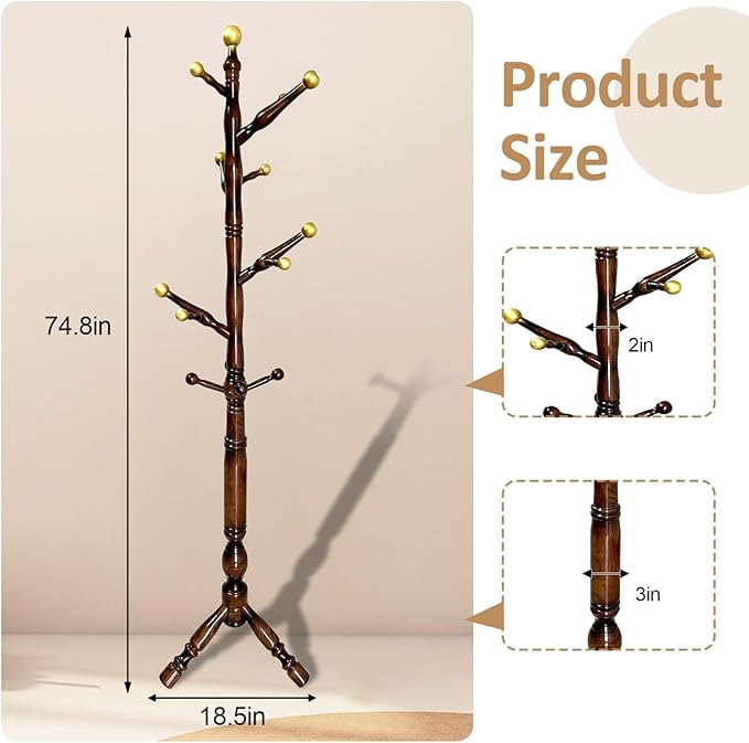 Wooden Coat Rack Freestanding 14 Hooks, Vintage Coat Hanger Stand, Coat Tree Adjustable Height 73", coat racks free standing for Entryway Hallway (Brownish Triangle base)