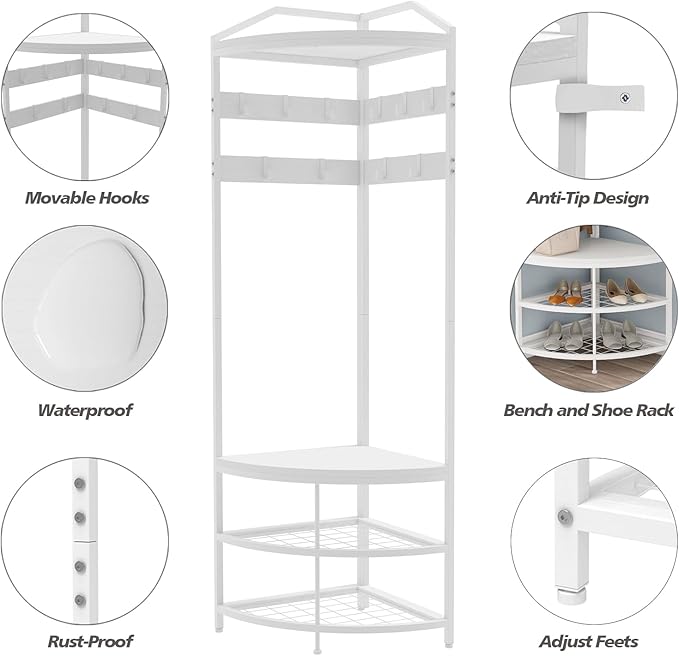 GiftGo Corner Hall Tree with Shoe Bench Entryway Coat Rack with 10 Metal Movable Hooks Freestanding Clothes Rack Shoes Shelf Organizer for Home Office Bedroom (White)