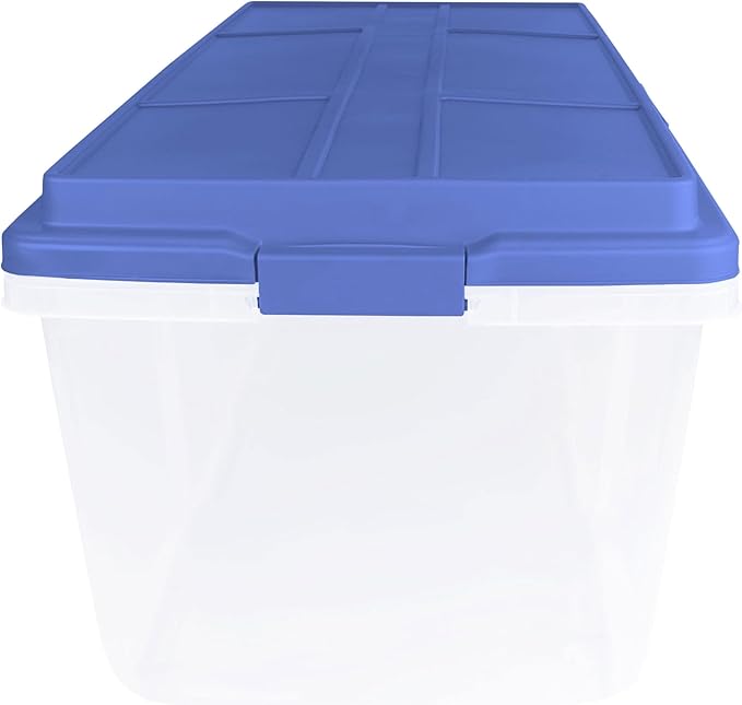 113 Qt Clear Stackable Latching Storage Bin with Smoke Blue Lid,Large Storage Bins With Lids, 36x16.8x14.2 Inches for Home & Garage Organization