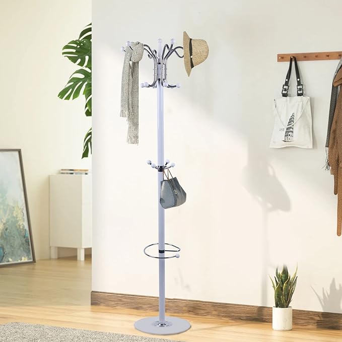 69" Entryway standing Coat Rack Stand Coat Hanger White Satin Steel Finish Stable Marble Base with 16 Hooks, High-Grade Metal Tree Hat Stand Floor Standing Wall Bedroom Hall Organizer Storage