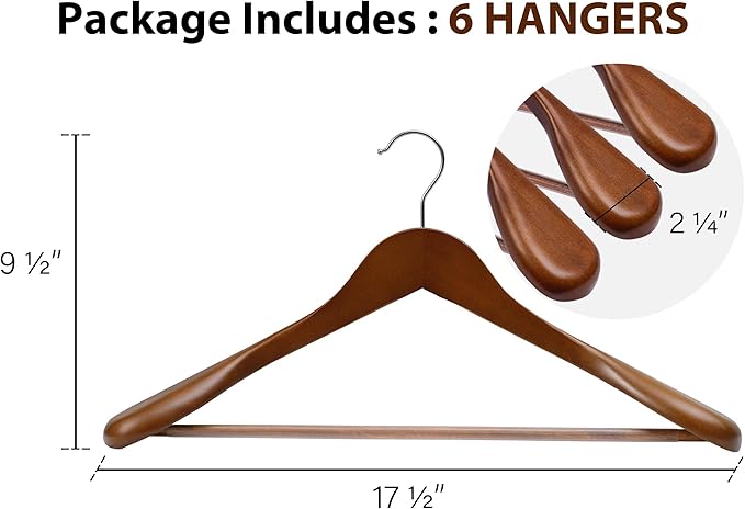 StorageWorks Wooden Hangers 6 Pack, Extra Wide Shoulder Wood Coat Hanger for Coats, Shirts, Jackets, Pants, Suits, Light Walnut Color