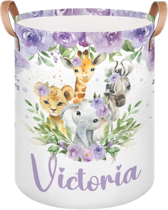 Personalized Laundry Basket, Custom Gift Laundry Hamper, Collapsible Nursery Waterproof Laundry Baskets, Dirty Clothes Toy Hamper with Handles Animal Purple Floral