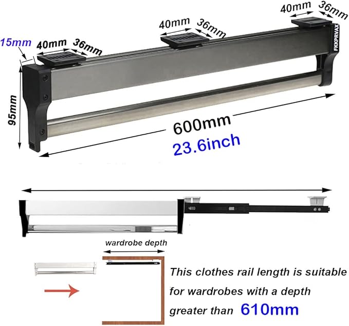 Closet Clothes Hanger Rail,Pull-Out Closet Rod 30-60cm,Wardrobe Clothing Rail,Closet Organizer Rack for Pants and Coat (600MM/23.6INCH)