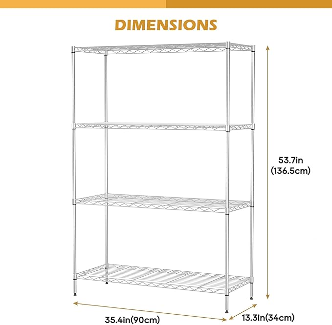4-Tier Adjustable Metal Shelving Unit, Heavy Duty Garage Storage Rack, Wire Shelves & Closet Organizers, Utility Shelf for Kitchen, Pantry, Garage – Chrome, 53.7" W x 13.4" D x 35" H, 800 lbs