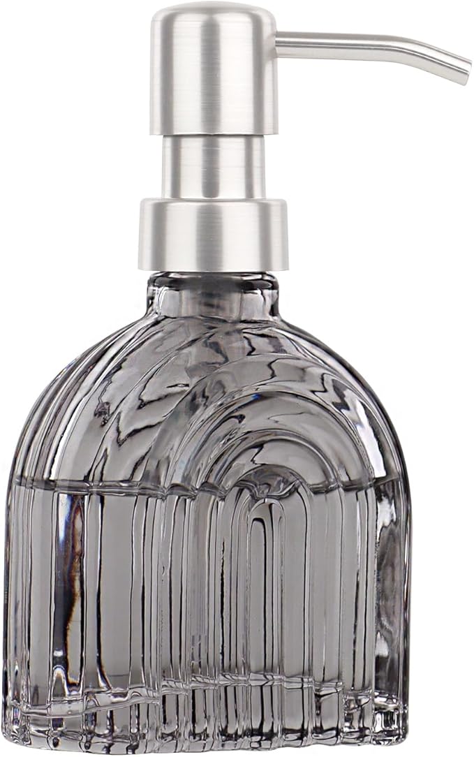 Glass Soap Dispenser for Kitchen and Bathroom Contertop Wash Hand Liquid, Dish Detergent, Farmhouse Style Shampoo Lotion Pump (1, Grey Glass with Silver)