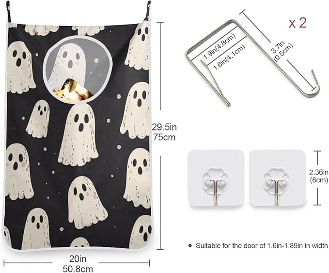 Cute Halloween Ghost Black Hanging Laundry Hamper Door Hampers Bag Basket with Stainless Steel Hooks Oxford Fabric Printing Decorative Clothes Bags 29.5X20inch 2Pack