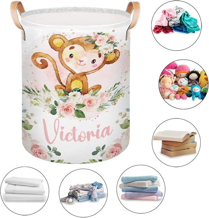 Personalized Laundry Basket, Custom Gift Laundry Hamper, Collapsible Nursery Waterproof Laundry Baskets, Dirty Clothes Toy Hamper with Handles Cute Girly Monkey