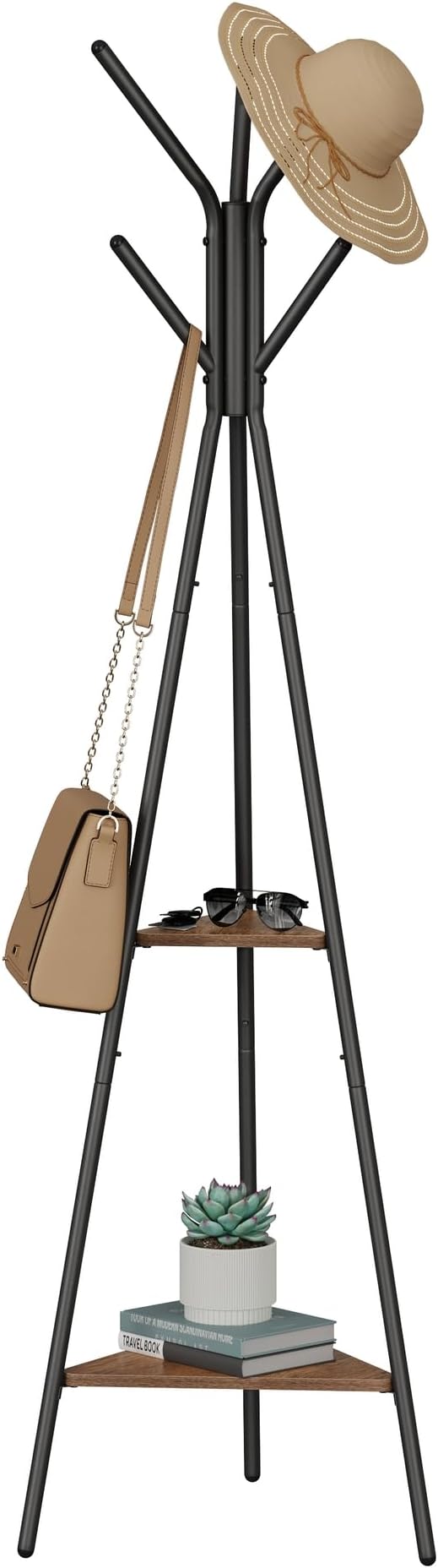 VASAGLE Coat Rack Freestanding, Coat Hanger Stand, Hall Tree with 2 Shelves, for Clothes, Hat, Bag, Industrial Style, Hazelnut Brown and Black