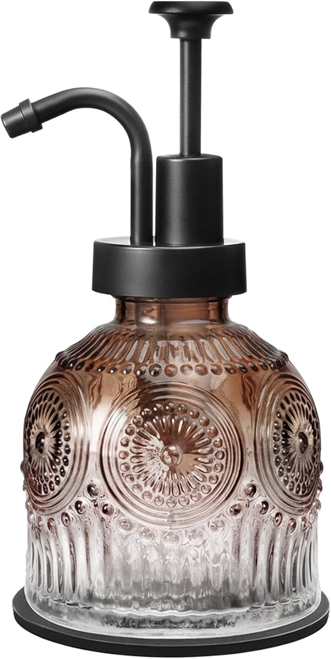 SheeChung Vintage Soap Dispenser, Kitchen Dish Soap Dispensers with Pump Mat, Glass Hand Soap Dispenser for Bathroom, Liquid, Lotion, Refillable, Rustic Farmhouse Decor-Brown (Black Pump, 1 pk)