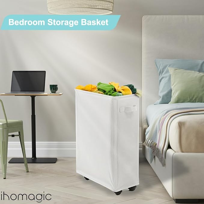 Laundry Basket, Slim Storage Basket with Wheels, Collapsible Rolling Laundry Basket for Clothes, Small Laundry Hamper for Dorm and Laundry Room,Yoga Fitness Storage Organiser, 40L, Beige