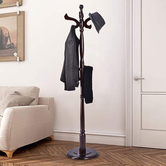 Tangkula 71" Free Standing Solid Wood Coat Hat Scarf Rack Hanger Tree Stand Home Furniture, Brown, (Model: Coat Tree Stand)