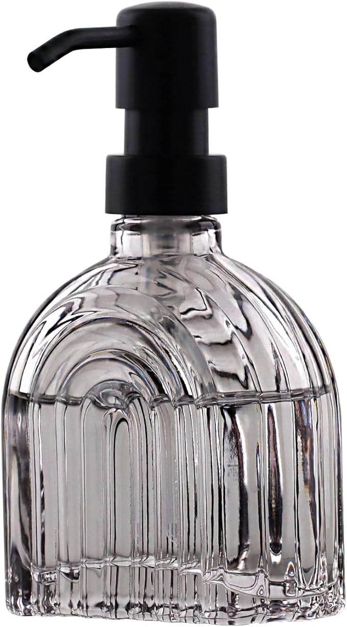 Glass Soap Dispenser for Kitchen and Bathroom Contertop Wash Hand Liquid, Dish Detergent, Farmhouse Style Shampoo Lotion Pump (1, Grey Glass with Black, 4" x 2"x 6-5/8")