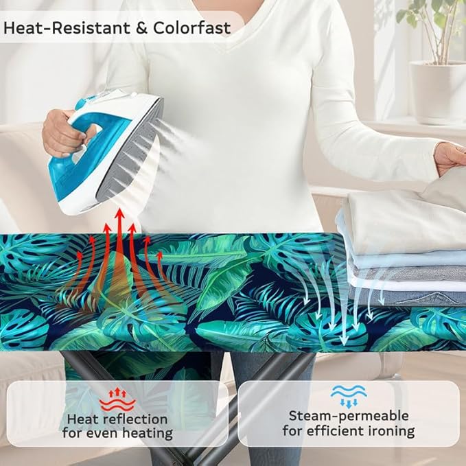 FIOBEE Ironing Board Cover and Pad Extra Thick Iron Board Pad with Heat-Resistant Mesh Padded Iron Board Covers Adjustable Buckle & Elastic Edges for 15x54 Standard Size Ironing Board, Green Leaf