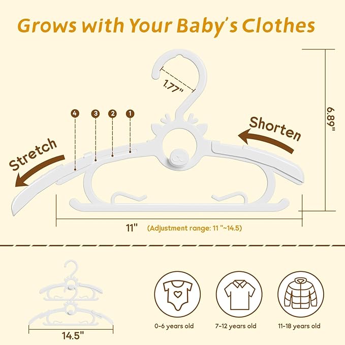 Kids Hangers 30PCS, 11"-14" Extendable and Stackable Baby Hangers, 45g Ultra-Thick Space Saving Non-Slip Plastic Hanger for Infant, Toddler and Nursery Closet, White