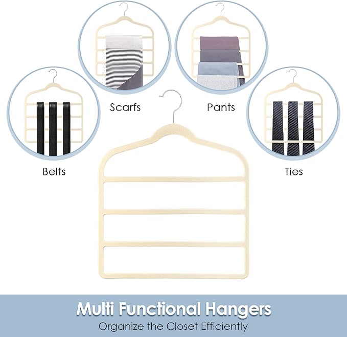 Velvet Hangers Space Saving Non Slip Pant Velvet Hangers, DUDUCOFU 6 Pack Beige Multi Layer Clothes Hangers Closet Organizer for Pants Trousers Scarf