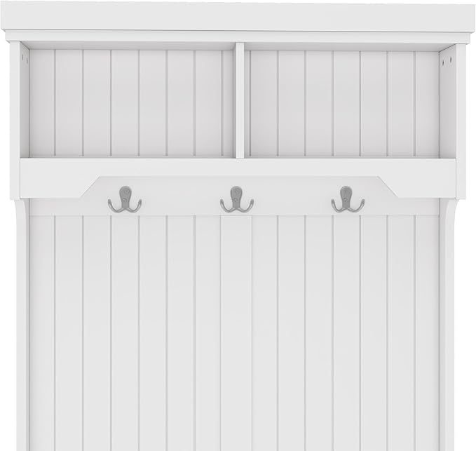35.5 inch Hall Tree with Bench and Shoe Storage Shelf, Wood Hall Tree with 4 Hooks/Mudroom Bench with Storage and Hooks, Wood Hall Trees for Entryway, Hallway, Living Room, White