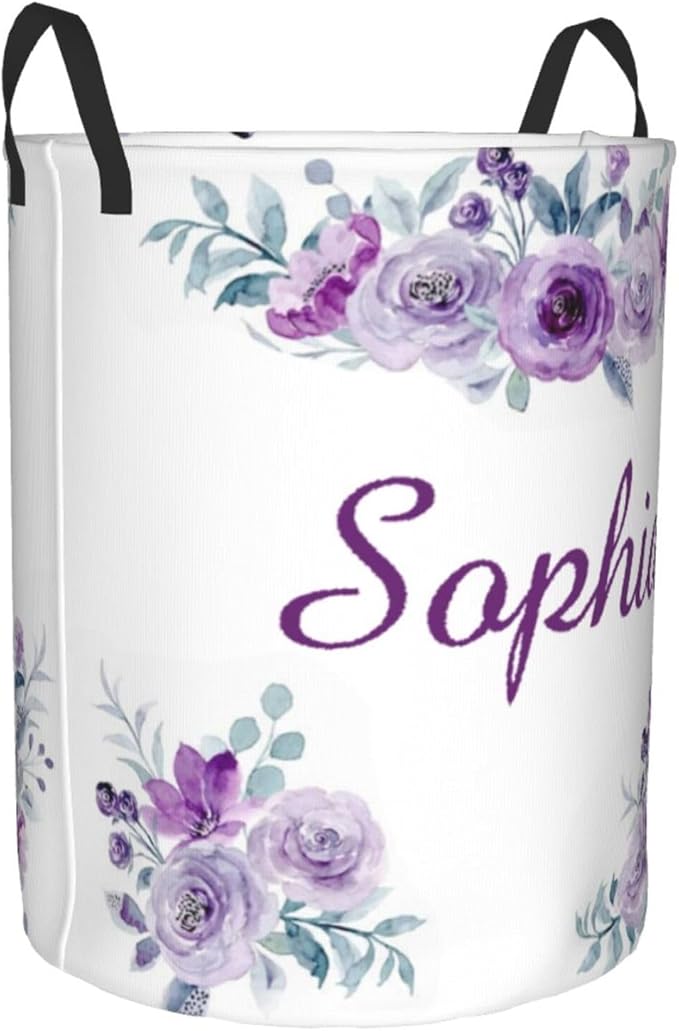 Personalized Laundry Basket for Nursery, Custom Nursery Laundry Hamper with Name, Customize Baby Clothes Circular Hamper for Boys Girls Room Decor, Purple Floral