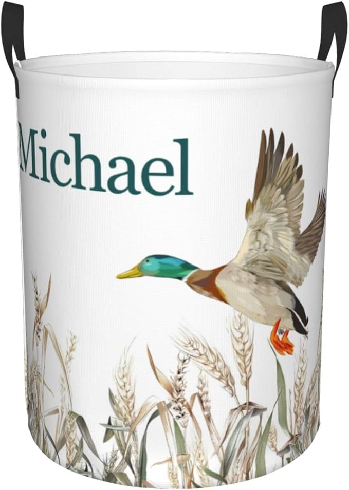 Personalized Laundry Basket for Nursery, Custom Nursery Laundry Hamper with Name, Customize Baby Clothes Circular Hamper for Boys Girls Room Decor, Wild Duck