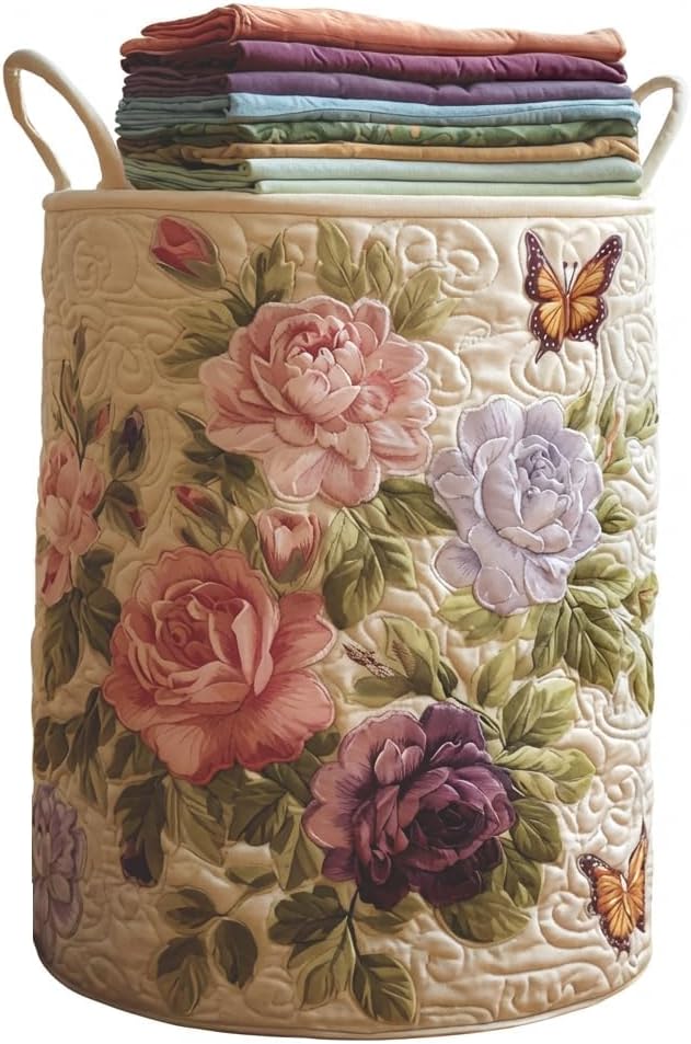 Quilted Laundry Basket with Handles, Boho Floral Fabric Storage Hamper, Large Soft Quilted Laundry Basket for Nursery, Bedroom, Laundry Room,Clothes & Toys (Floral Pattern A, L)