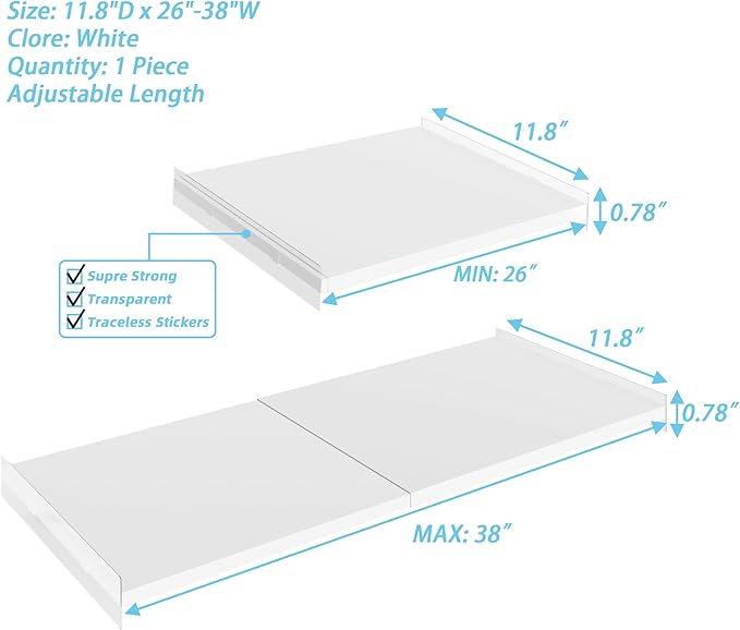 Expandable Closet Shelves, 1 Pack Adjustable Metal Closet Organizers and Storage Shelves for Wardrobe, Kitchen Pantry, Shoe Rack, (White,11.8" D x 26"-38" W,1PCS)