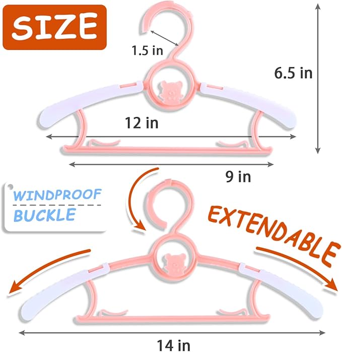 Baby Hangers for Nursery Closet 60 Pack Plastic Kids Clothes Hanger Space Saving Non Slip Extendable Toddler 11-14” Adjustable Hangers Heavy Duty Clothing Infant Hanger Bulk, Pink