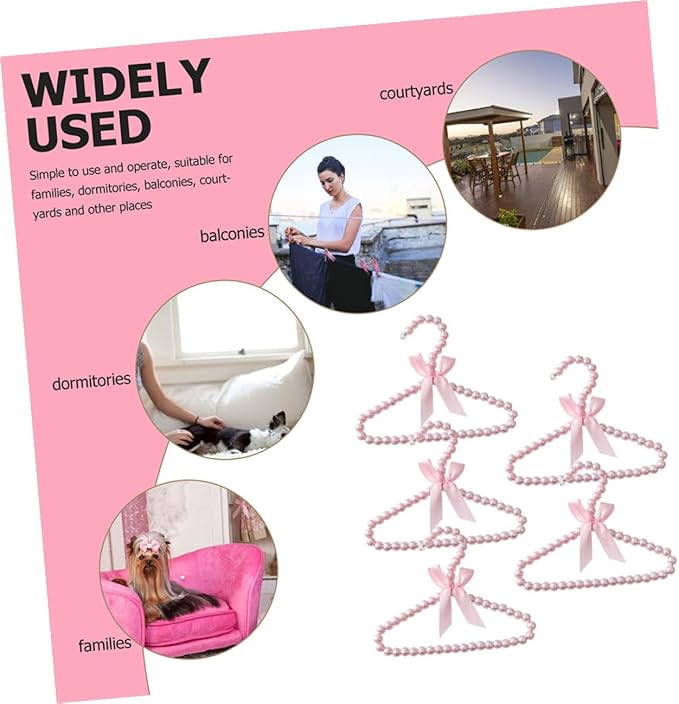 5pcs Pink Pearl Beads Small Clothes Hangers Faux Pearl Beaded Garment Hangers with Ribbon Bowknot for Pet Dog Cat Baby Clothing Trousers Jeans Skirts