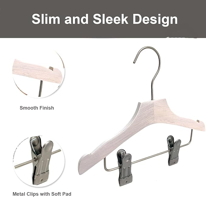 White 9.8" Ultra-Thin Wooden Children Closet Clothes Clips Hangers 12PCS Wood Baby Kids Coat Hangers for Infant Toddler Newborn Jumpsuit Pants Skirts Jeans Space Saving Heavy Duty Durable