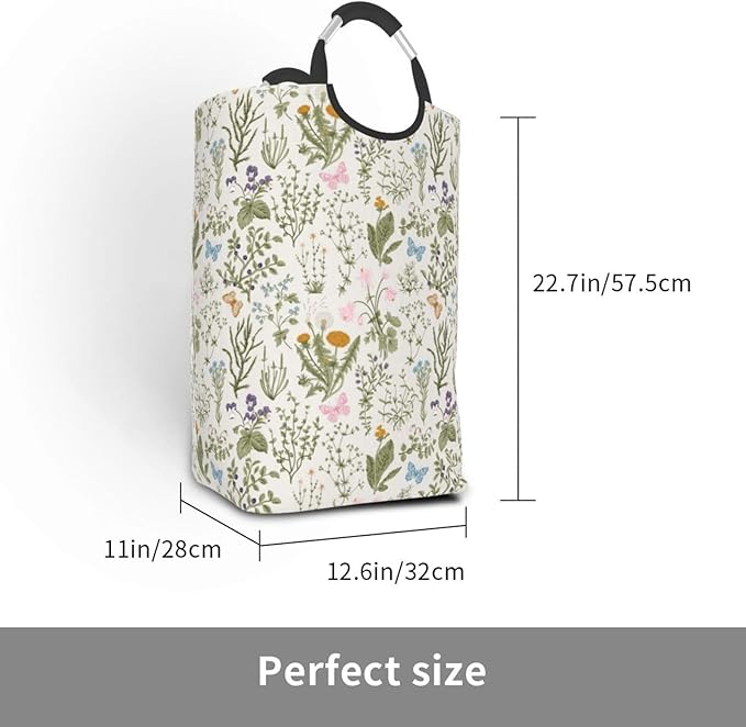 Floral Laundry Basket Vintage Botanical Laundry Hamper Plants Herbs Collapsible Baskets with Handle Dirty Clothes Hamper Bag for Dorm Family Bathroom Decor Storage 50L