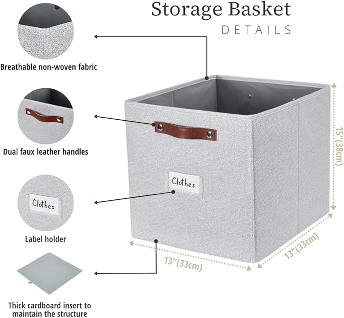 DECOMOMO Storage Baskets, 13x15x13 Storage Cube Bins with Labels for Organizing Shelves (Kallax / 4pcs, Light Texture Grey)