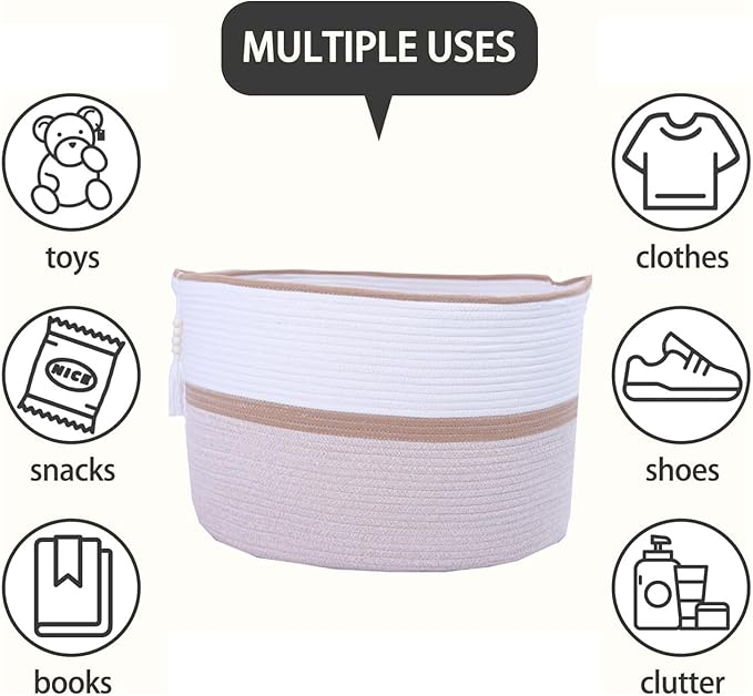 Large Woven Rope Laundry Hamper, Cotton Rope Storage Basket with Handles, Multipurpose Storage Basket for Laundry, Toys, Blankets in Bedroom, Bathroom, Living Room - Stylish & Durable (Brown, 100L)