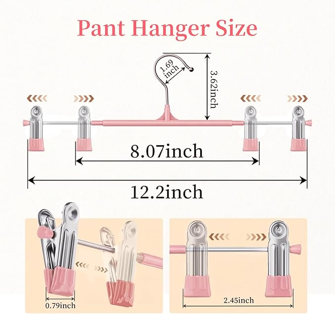Pants Hangers with Clips 10 Pack Adjustable Non-Slip Heavy Duty Skirt Hangers, Space Saving Clothes Hangers for Jeans, Trousers, Shorts, Slacks, Dresses - 12 Inch, Pink