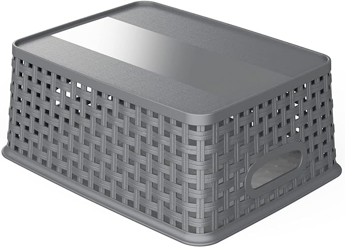 WYT 12-Pack Plastic Small Shelf Storage Weave Baskets for Organizing, Grey