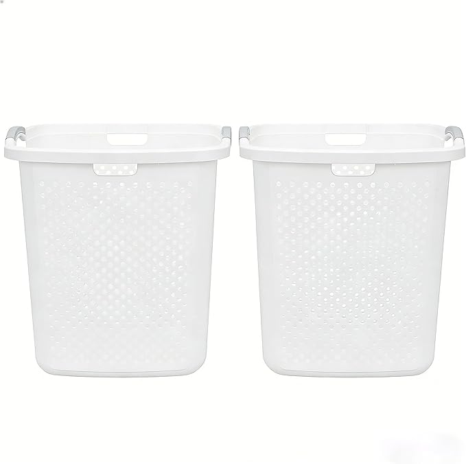 2-Pack 2.5 Bushel Large White Plastic Laundry Baskets - Heavy Duty Hamper with 4 Handles & Ventilation Holes, Space-Saving Storage for Laundry Room, Apartment, Dorm, Bedroom, Bathroom