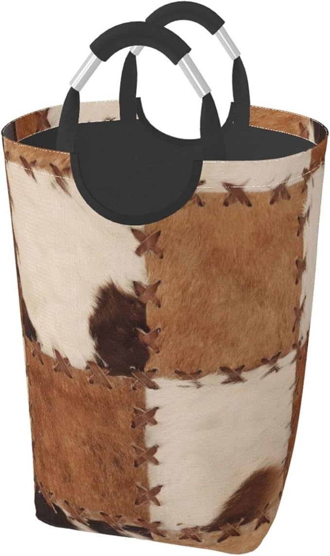 Brown Cow Print Laundry Basket Cowhide Laundry Hamper Animal Collapsible Baskets with Handle Dirty Clothes Hamper Bag for Dorm Family Bathroom Decor Storage 50L