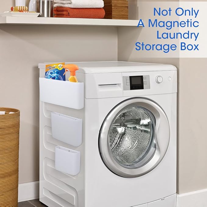 Picowe 3 PCS Magnetic Laundry Storage, Magnetic Storage Box for Laundry Room, Kitchen, Bathroom, Office, Space-Saving Trash Container Hanging on Dryer, Washer or Wall Mount Trash Bin (White)