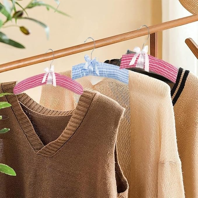 Plaid Pattern Padded Hangers for Women Clothing,Satin Hangers Padded Bride Hanger for Wedding Dress Soft Padded Hanger for Sweaters Coat Clothes (5, Blue)