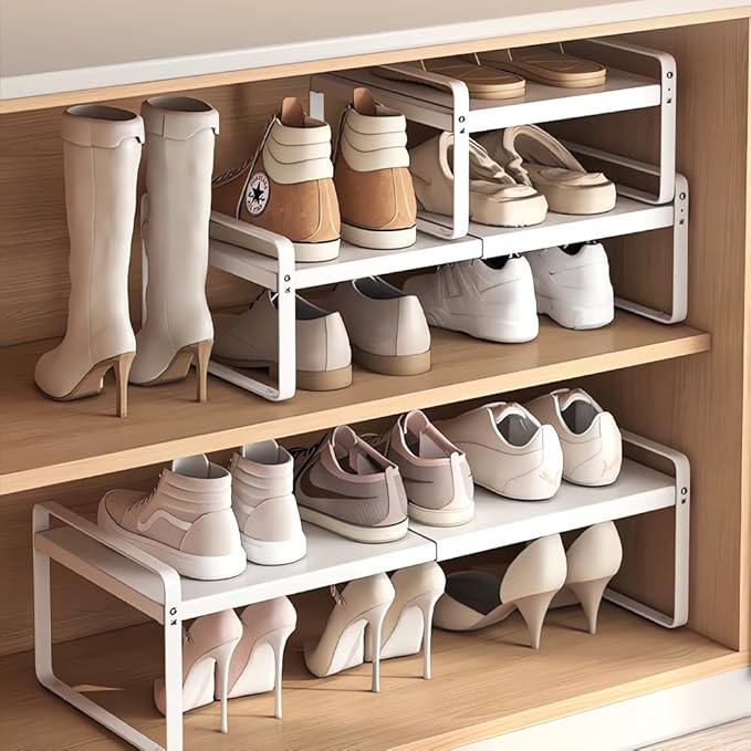 Expandable 1-Tier Metal Shoe Rack (H:7"), Adjustable Width 14.9"–23.6", Heavy-Duty Free-Standing Shoe Shelf for Closet, Entryway & Small Spaces – Single Pack