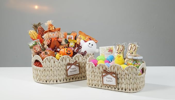 Wicker Scalloped Basket Set of 2,Woven Storage Baskets for Shelves,Closet,Laundry,Gifts,Towels,Books,Toys,Waterproof Boho Decor Basket for Organizing